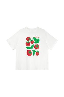 Tomato Print Casual Short Sleeve T-Shirt for Women - Summer Loose Round Neck Pure Cotton Top - Unique 90s Inspired Fashion