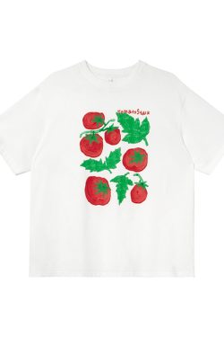 Tomato Print Casual Short Sleeve T-Shirt for Women - Summer Loose Round Neck Pure Cotton Top - Unique 90s Inspired Fashion