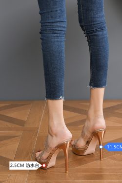 Transparent High-Heeled Sandals for Women with Rhinestones, Thin Heel, Waterproof Platform, Super High Fashion for Outdoor Wear