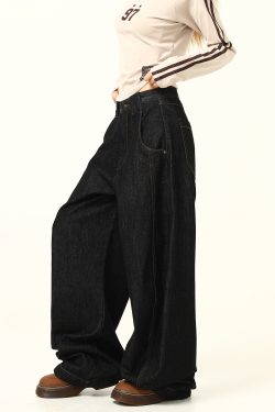 Trendy American Retro Wide-Leg Jeans with Curved Blade Silhouette - High-End Loose-Fit Fashion Pants for a Chic Look