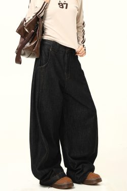 Trendy American Retro Wide-Leg Jeans with Curved Blade Silhouette - High-End Loose-Fit Fashion Pants for a Chic Look