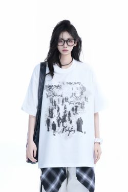 Trendy American Street Style Graffiti T-Shirt for Women, Loose Fit Boyfriend Style, Pure Cotton, Summer Short Sleeve Top