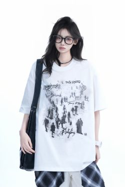 Trendy American Street Style Graffiti T-Shirt for Women, Loose Fit Boyfriend Style, Pure Cotton, Summer Short Sleeve Top