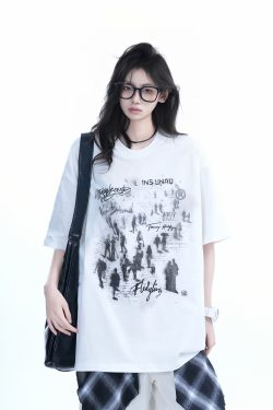 Trendy American Street Style Graffiti T-Shirt for Women, Loose Fit Boyfriend Style, Pure Cotton, Summer Short Sleeve Top