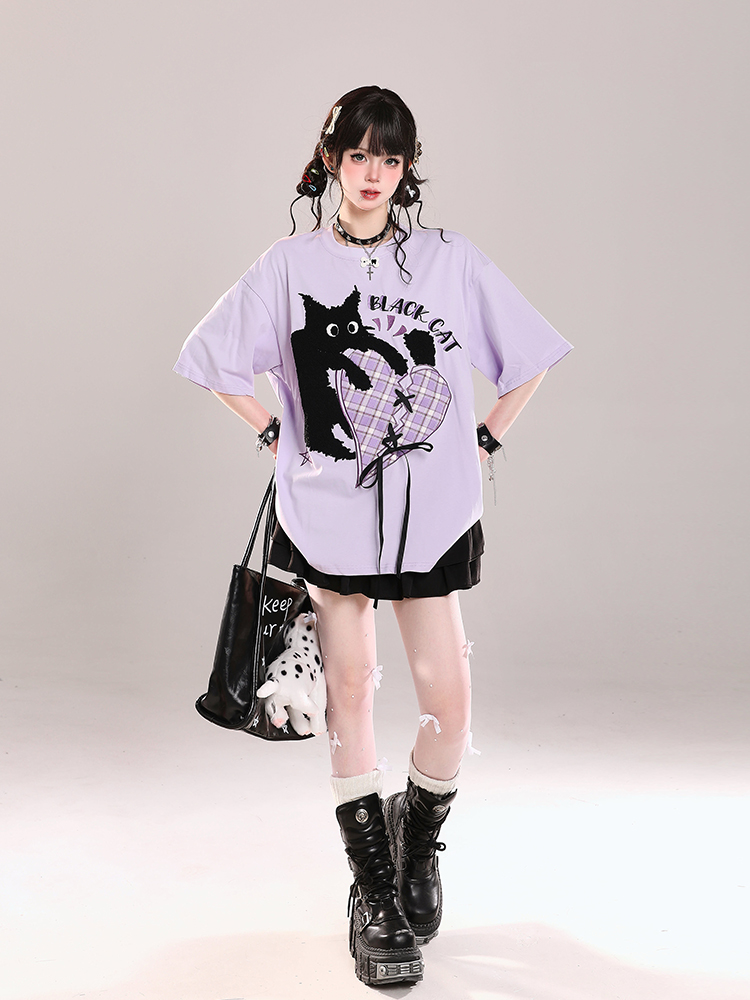 Trendy American-Style Cartoon Print Short Sleeve T-Shirt for Women - Cute Loose Fit Summer Top Trendy American-Style Cartoon Print Short Sleeve T-Shirt for Women - Cute Loose Fit Summer Top