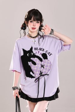 Trendy American-Style Cartoon Print Short Sleeve T-Shirt for Women - Cute Loose Fit Summer Top