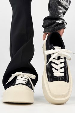 Trendy Black and White Thick-Soled Canvas Sneakers for Men and Women, Summer Casual Square Toe Couple Shoes