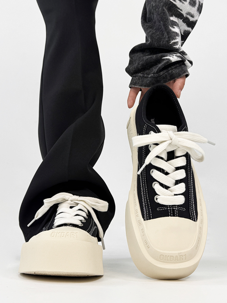 Trendy Black and White Thick-Soled Canvas Sneakers for Men and Women, Summer Casual Square Toe Couple Shoes Trendy Black and White Thick-Soled Canvas Sneakers for Men and Women, Summer Casual Square Toe Couple Shoes