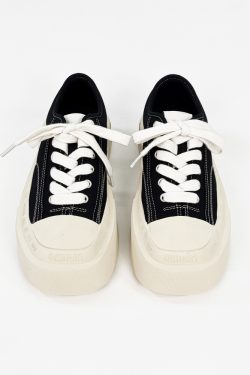 Trendy Black and White Thick-Soled Canvas Sneakers for Men and Women, Summer Casual Square Toe Couple Shoes
