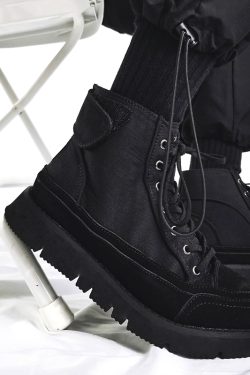 Trendy Black High-Top Martin Boots for Men, British-Style Canvas Motorcycle Sneakers, Functional Hong Kong Fashion