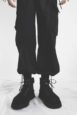 Trendy Black High-Top Martin Boots for Men, British-Style Canvas Motorcycle Sneakers, Functional Hong Kong Fashion