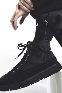 Trendy Black High-Top Martin Boots for Men, British-Style Canvas Motorcycle Sneakers, Functional Hong Kong Fashion