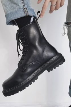Trendy Black High-Top Martin Boots for Men | Genuine Leather Motorcycle Work Shoes | Versatile Hong Kong Style