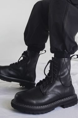 Trendy Black High-Top Martin Boots for Men | Genuine Leather Motorcycle Work Shoes | Versatile Hong Kong Style
