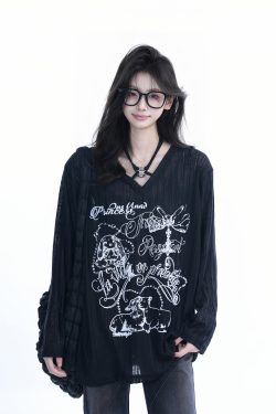 Trendy Black Long Sleeve Graffiti Neck-Covering Sunscreen Shirt for Women - Sweet Cool Spicy Girl Style