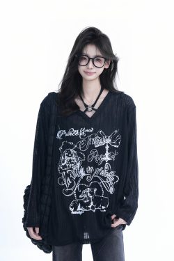 Trendy Black Long Sleeve Graffiti Neck-Covering Sunscreen Shirt for Women - Sweet Cool Spicy Girl Style