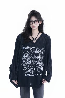 Trendy Black Long Sleeve Graffiti Neck-Covering Sunscreen Shirt for Women - Sweet Cool Spicy Girl Style