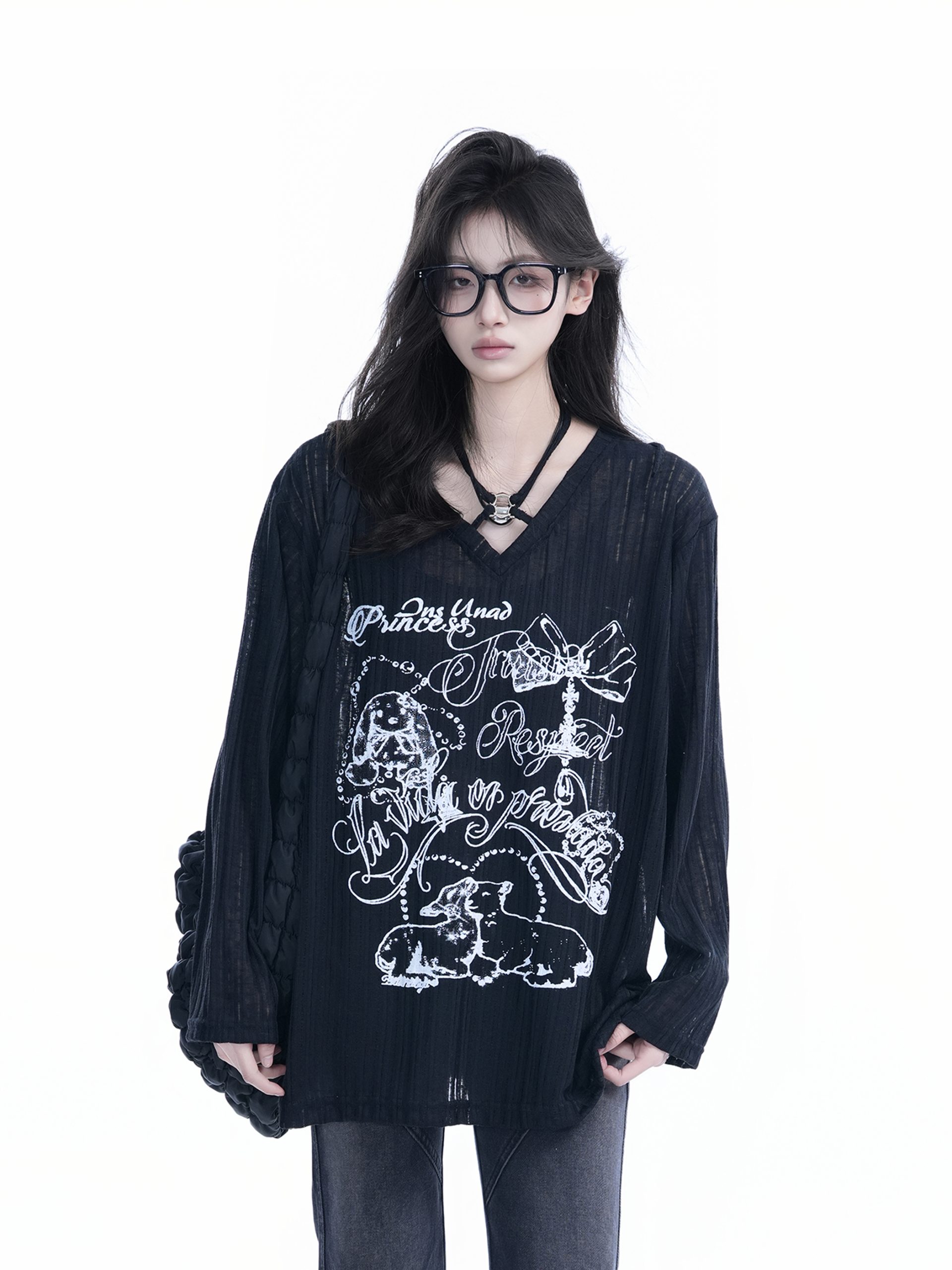 Trendy Black Long Sleeve Graffiti Neck-Covering Sunscreen Shirt for Women - Sweet Cool Spicy Girl Style Trendy Black Long Sleeve Graffiti Neck-Covering Sunscreen Shirt for Women - Sweet Cool Spicy Girl Style