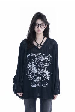 Trendy Black Long Sleeve Graffiti Neck-Covering Sunscreen Shirt for Women - Sweet Cool Spicy Girl Style