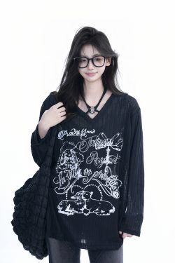 Trendy Black Long Sleeve Graffiti Neck-Covering Sunscreen Shirt for Women - Sweet Cool Spicy Girl Style