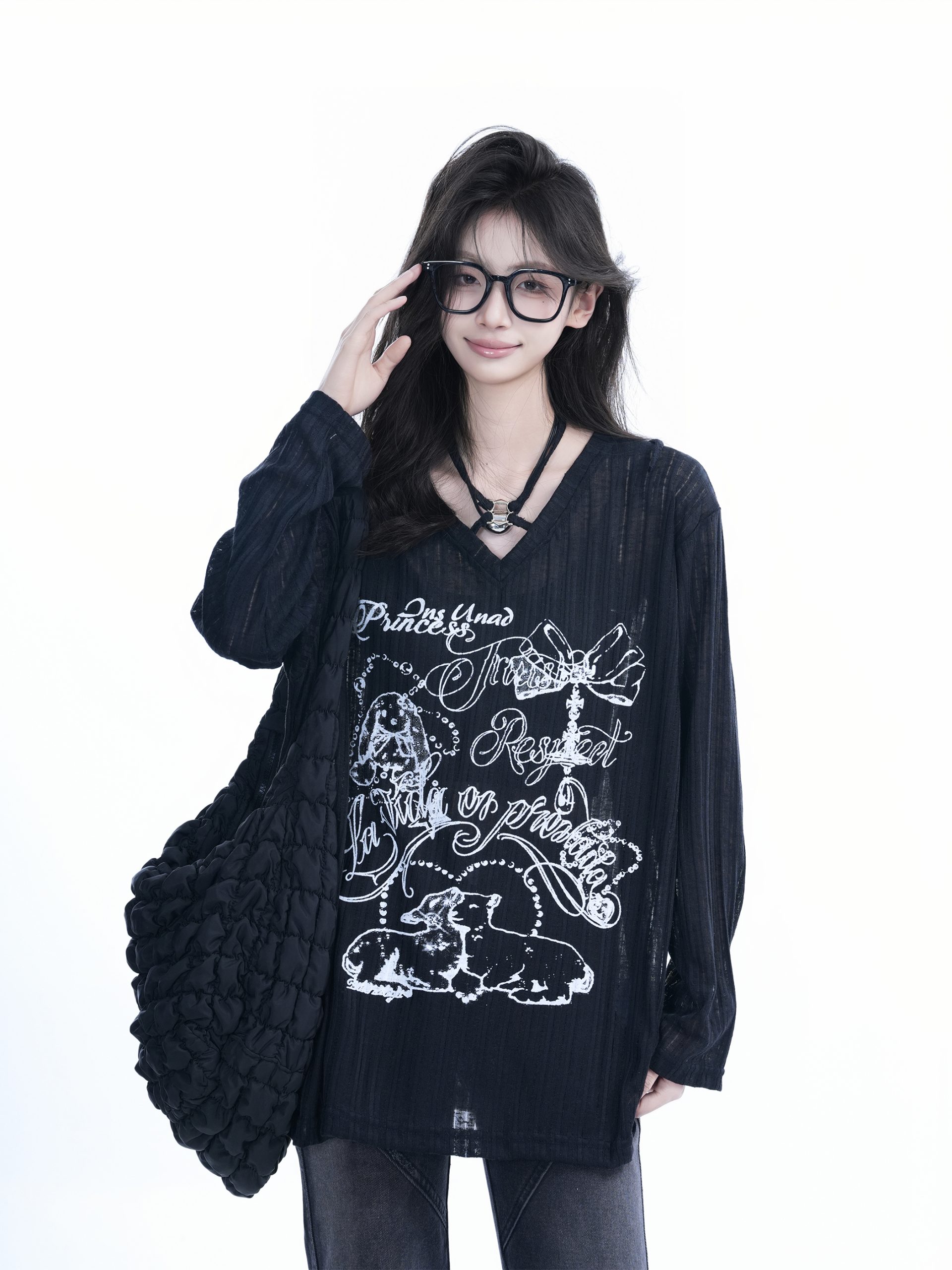 Trendy Black Long Sleeve Graffiti Neck-Covering Sunscreen Shirt for Women - Sweet Cool Spicy Girl Style Trendy Black Long Sleeve Graffiti Neck-Covering Sunscreen Shirt for Women - Sweet Cool Spicy Girl Style