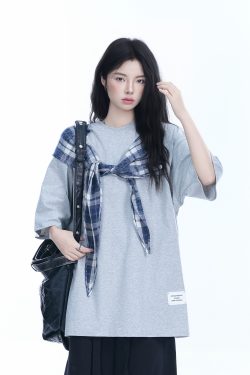 Trendy Black Short Sleeve T-shirt for Women with Butterfly Knot Spliced Design - American Style Loose Fit Top