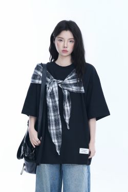 Trendy Black Short Sleeve T-shirt for Women with Butterfly Knot Spliced Design - American Style Loose Fit Top