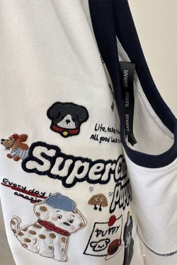 Trendy Color-Block Embroidered Dog Cartoon Short Sleeve T-Shirt for Women - Summer 2025 Patchwork Style Top