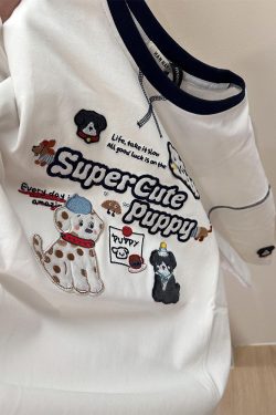 Trendy Color-Block Embroidered Dog Cartoon Short Sleeve T-Shirt for Women - Summer 2025 Patchwork Style Top