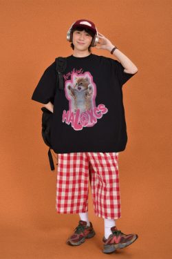 Trendy Cute Cat Print Oversized Short Sleeve T-Shirt for Summer Casual Wear - Perfect for Couples and Y2K Style