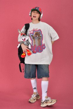 Trendy Cute Cat Print Oversized Short Sleeve T-Shirt for Summer Casual Wear - Perfect for Couples and Y2K Style