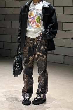 Trendy Earth Tone Camouflage Loose Tapered Pants - Playful Street Fashion Inspired by 90s and Y2K Styles