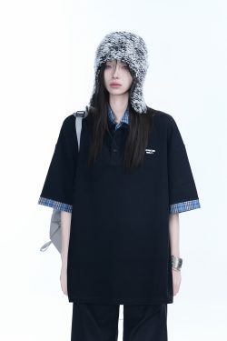 Trendy Fake Two-Piece Plaid Spliced Lapel Short Sleeve T-Shirt for Women - Loose Fit, Niche Design, Y2K Style