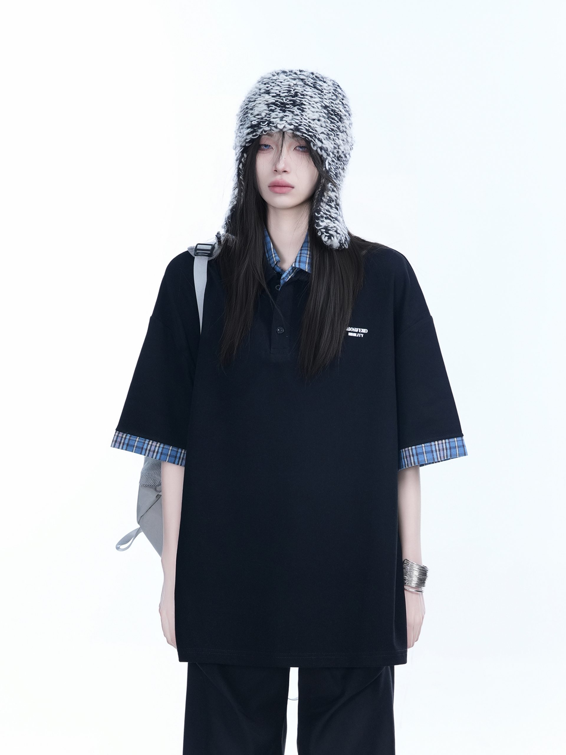 Trendy Fake Two-Piece Plaid Spliced Lapel Short Sleeve T-Shirt for Women - Loose Fit, Niche Design, Y2K Style Trendy Fake Two-Piece Plaid Spliced Lapel Short Sleeve T-Shirt for Women - Loose Fit, Niche Design, Y2K Style