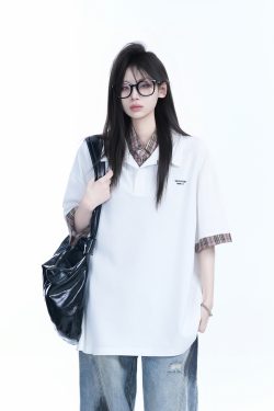 Trendy Fake Two-Piece Plaid Spliced Lapel Short Sleeve T-Shirt for Women - Loose Fit, Niche Design, Y2K Style
