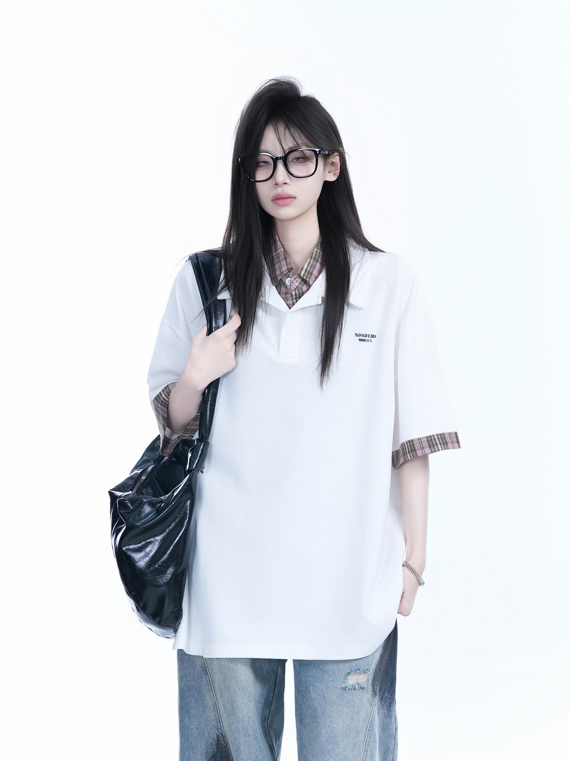 Trendy Fake Two-Piece Plaid Spliced Lapel Short Sleeve T-Shirt for Women - Loose Fit, Niche Design, Y2K Style Trendy Fake Two-Piece Plaid Spliced Lapel Short Sleeve T-Shirt for Women - Loose Fit, Niche Design, Y2K Style