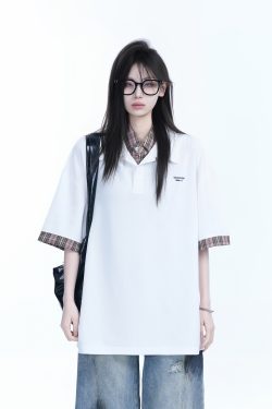 Trendy Fake Two-Piece Plaid Spliced Lapel Short Sleeve T-Shirt for Women - Loose Fit, Niche Design, Y2K Style