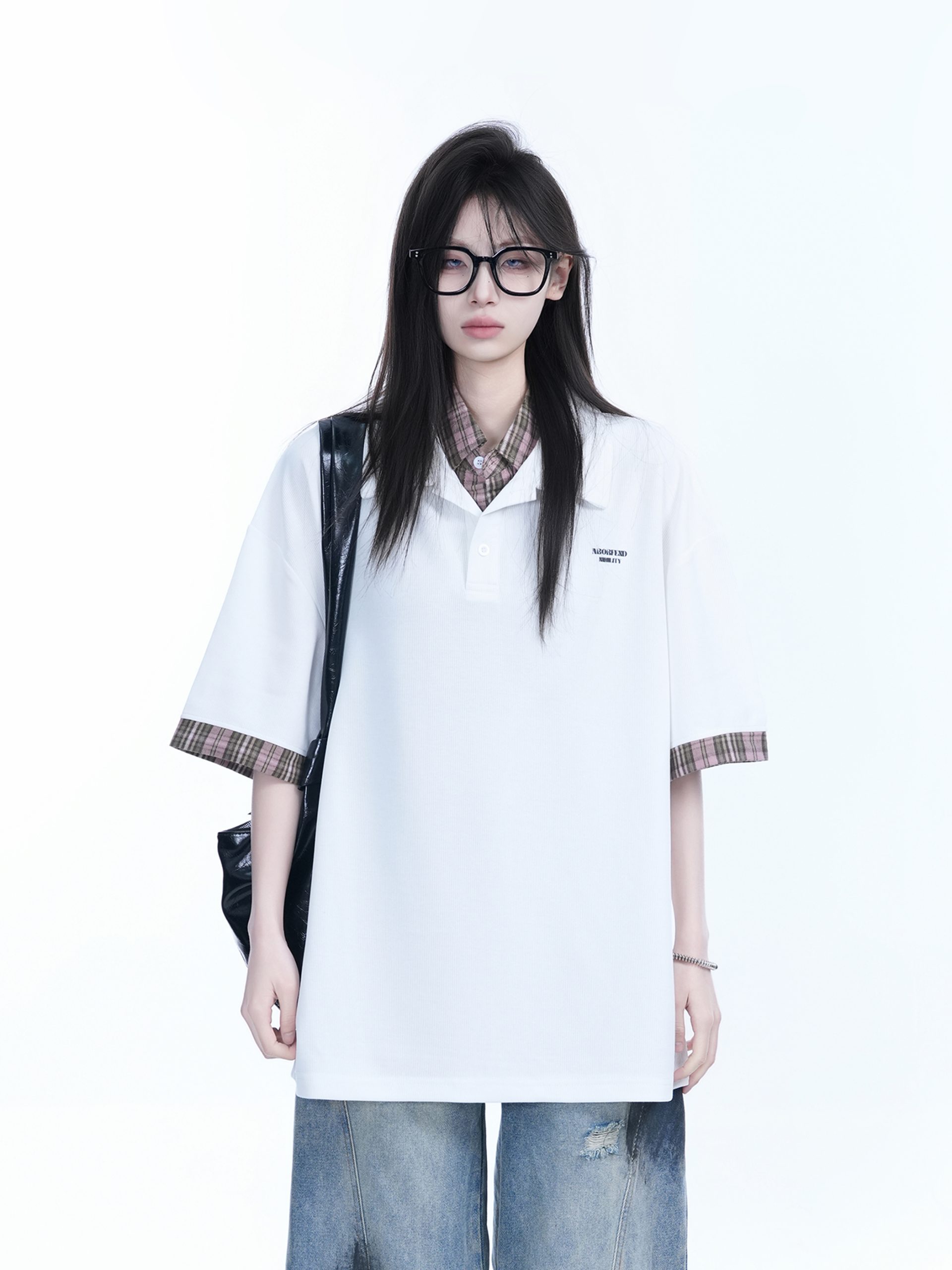 Trendy Fake Two-Piece Plaid Spliced Lapel Short Sleeve T-Shirt for Women - Loose Fit, Niche Design, Y2K Style Trendy Fake Two-Piece Plaid Spliced Lapel Short Sleeve T-Shirt for Women - Loose Fit, Niche Design, Y2K Style