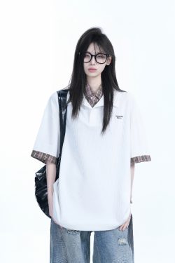 Trendy Fake Two-Piece Plaid Spliced Lapel Short Sleeve T-Shirt for Women - Loose Fit, Niche Design, Y2K Style