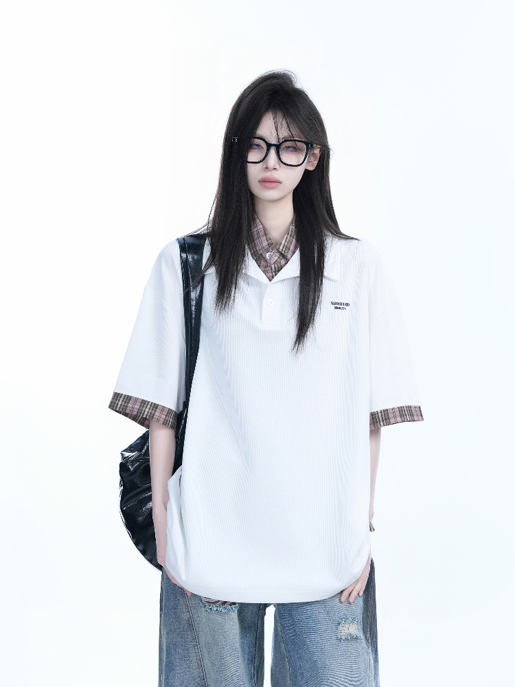 Trendy Fake Two-Piece Plaid Spliced Lapel Short Sleeve T-Shirt for Women - Loose Fit, Niche Design, Y2K Style Trendy Fake Two-Piece Plaid Spliced Lapel Short Sleeve T-Shirt for Women - Loose Fit, Niche Design, Y2K Style