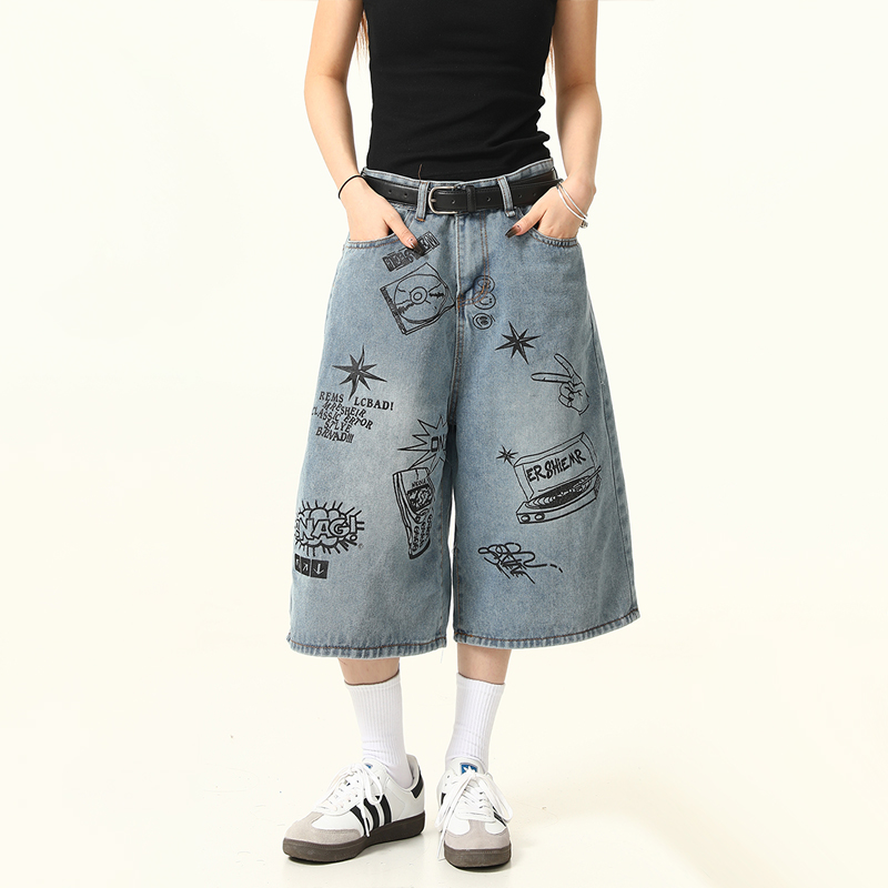 Trendy Graffiti Letter Denim Shorts for Men and Women - Loose Fit, American Retro Style, Streetwear Inspired, Casual Summer Pants Trendy Graffiti Letter Denim Shorts for Men and Women - Loose Fit, American Retro Style, Streetwear Inspired, Casual Summer Pants