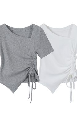 Trendy Irregular Fitted Short Sleeve T-Shirt for Women with Drawstring - Summer Sweet and Spicy Top, Y2K Style