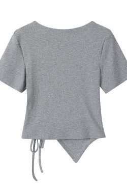 Trendy Irregular Fitted Short Sleeve T-Shirt for Women with Drawstring - Summer Sweet and Spicy Top, Y2K Style