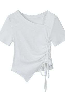 Trendy Irregular Fitted Short Sleeve T-Shirt for Women with Drawstring - Summer Sweet and Spicy Top, Y2K Style