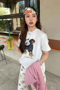 Trendy Korean Casual Loose-Fit Dog Print Summer Short-Sleeve T-Shirt - Versatile Pure Cotton Top for Instagram Style