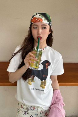 Trendy Korean Casual Loose-Fit Dog Print Summer Short-Sleeve T-Shirt - Versatile Pure Cotton Top for Instagram Style