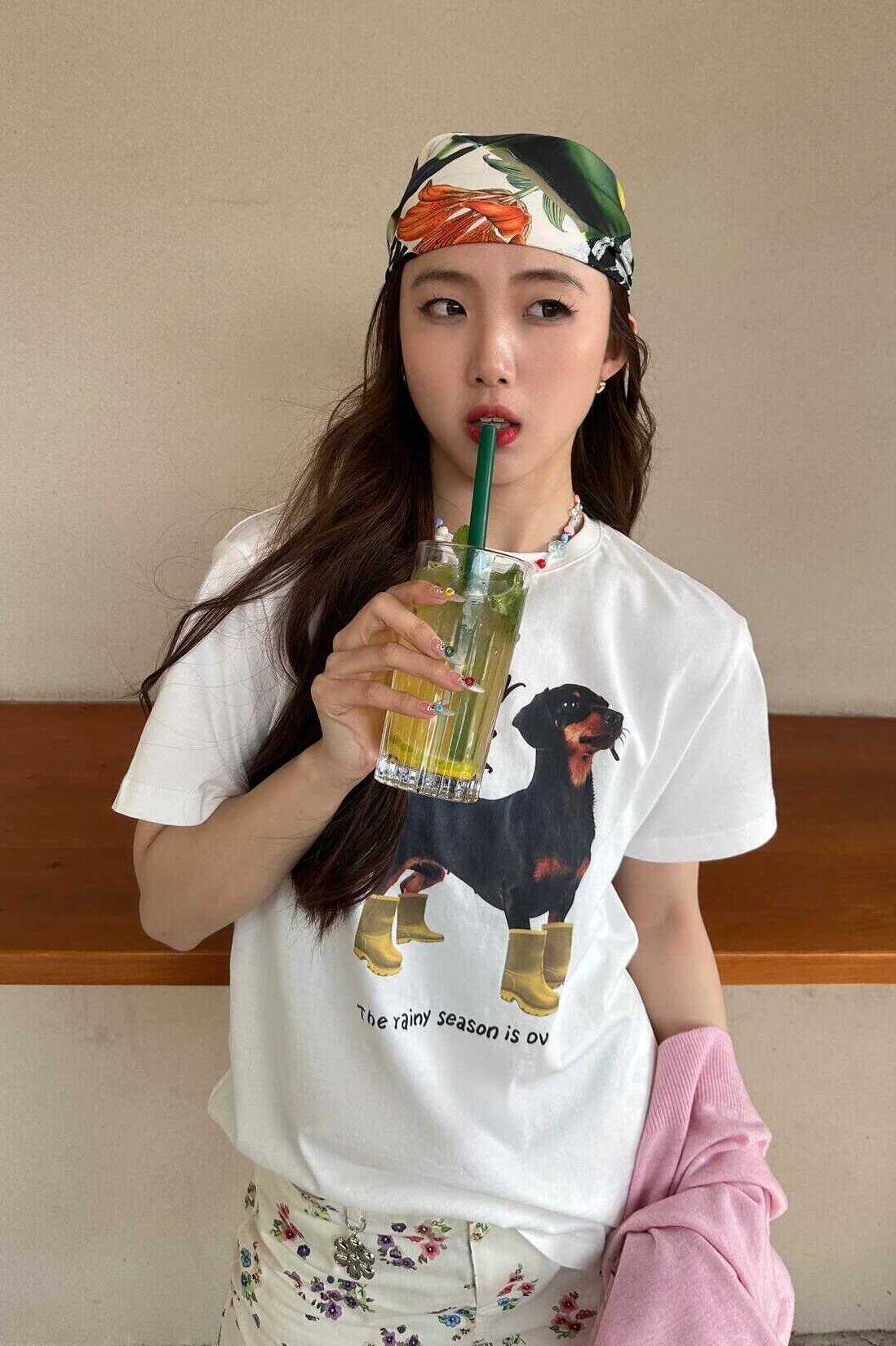 Trendy Korean Casual Loose-Fit Dog Print Summer Short-Sleeve T-Shirt - Versatile Pure Cotton Top for Instagram Style