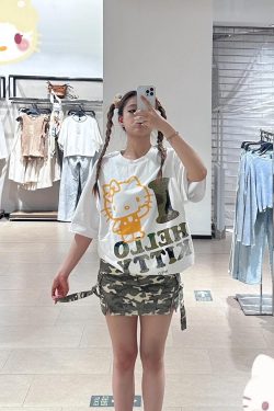 Trendy Korean Style Cute Kitty Casual Loose Heavyweight Pure Cotton Short Sleeve T-Shirt for Comfortable Everyday Wear