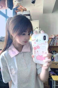 Trendy Korean Style Embroidered Patchwork Plaid Polo Short Sleeve T-Shirt for Women - Summer College Fashion in Gray