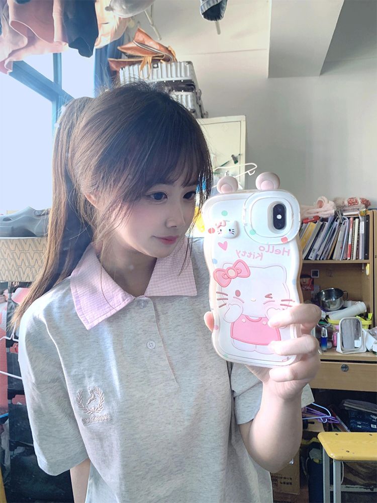 Trendy Korean Style Embroidered Patchwork Plaid Polo Short Sleeve T-Shirt for Women - Summer College Fashion in Gray Trendy Korean Style Embroidered Patchwork Plaid Polo Short Sleeve T-Shirt for Women - Summer College Fashion in Gray